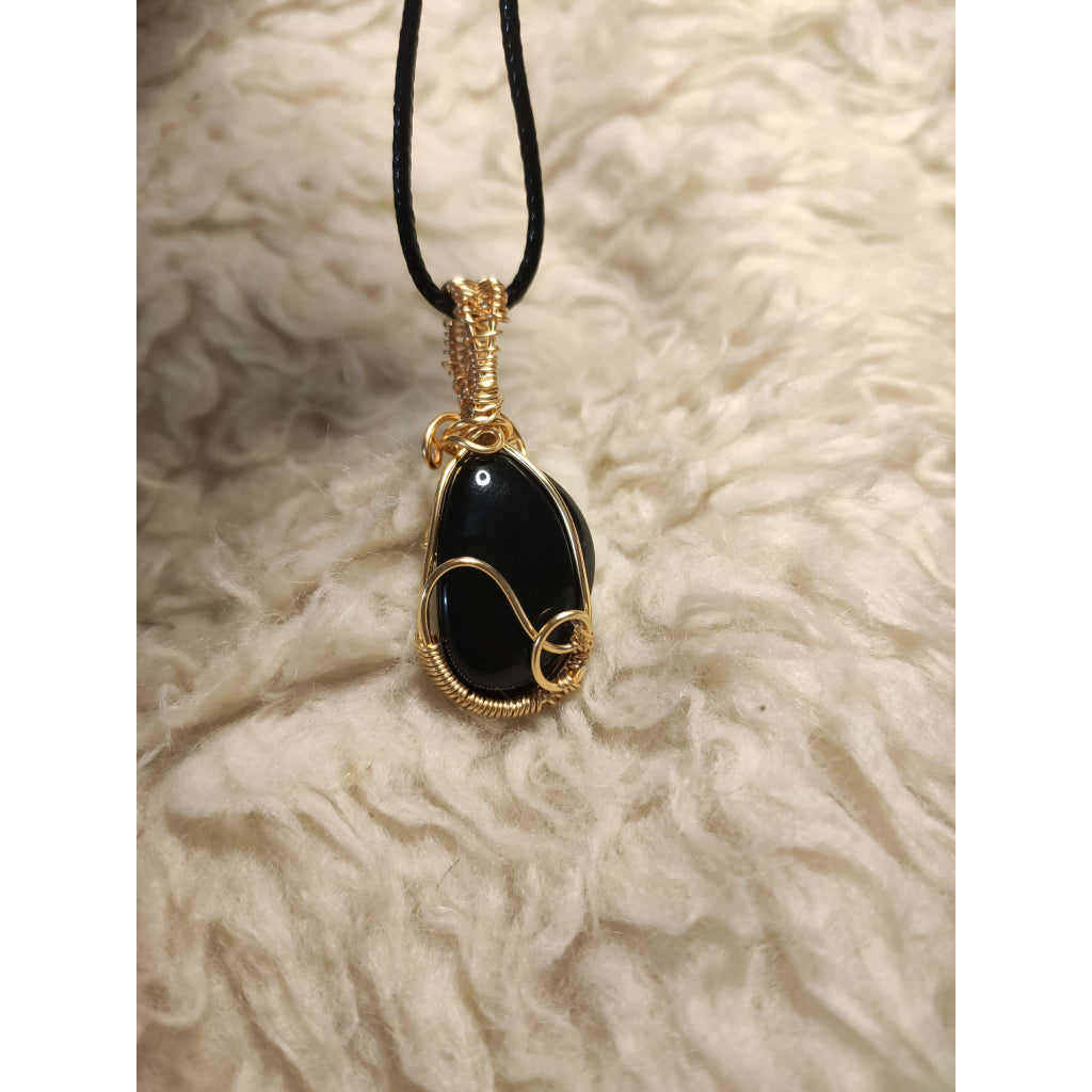 CHEFFY Wire Wrapped Obsidian Pendant Crystal Gemstone