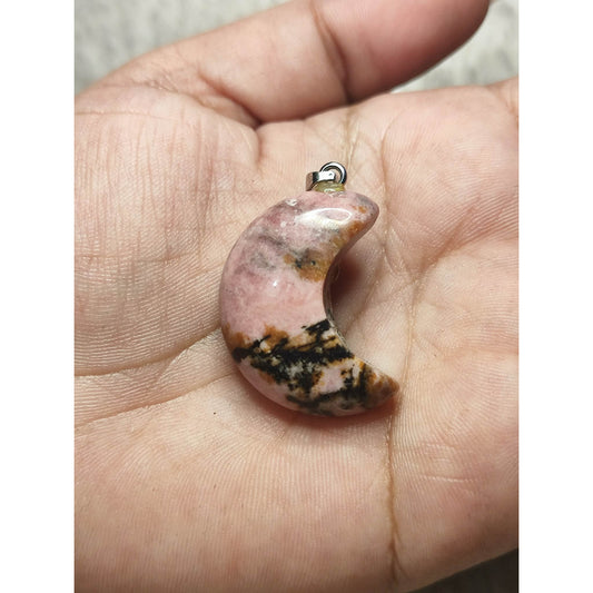 CHEFFY Natural Rhodonite Crescent Moon Pendant