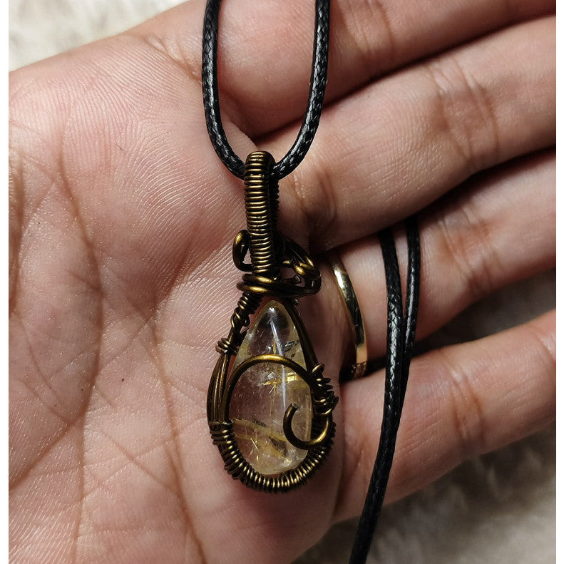 CHEFFY Golden Rutilated Quartz Pendant -Bronze Wire Wrapped - Natural Crystal Necklace (39.4mm)