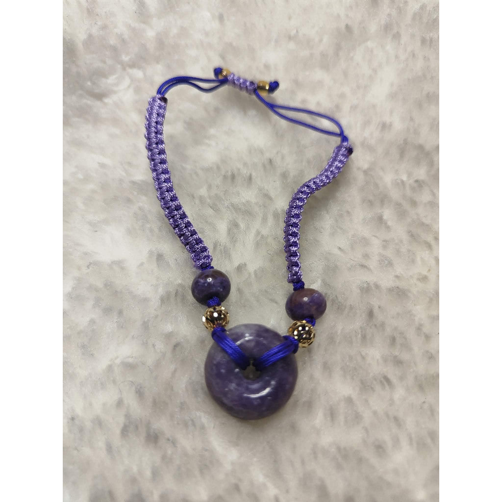 CHEFFY Natural Purple Lepidolite / Jadeite Donut Necklace with Adjustable Braided Cord