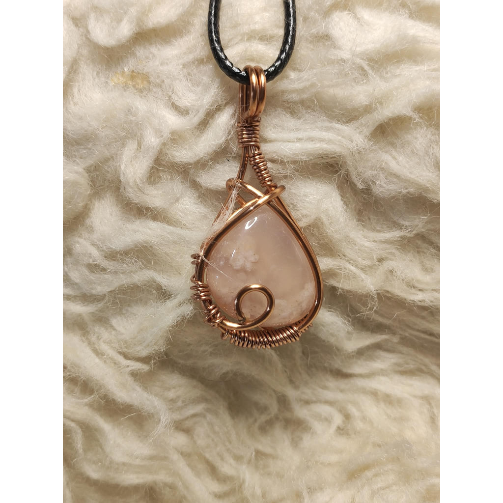 CHEFFY Wire Wrapped Sakura Agate Tumbled Pendant Crystal Gemstone