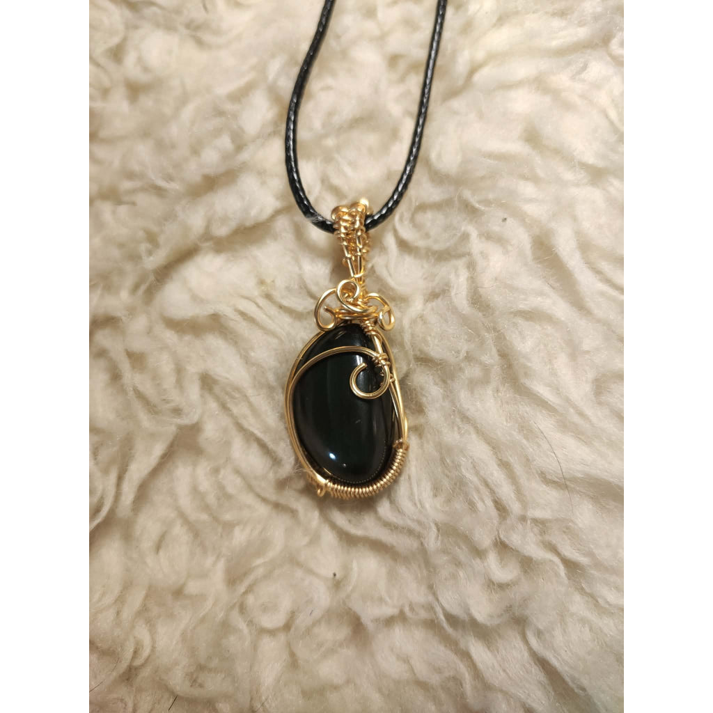 CHEFFY Wire Wrapped Obsidian Pendant Crystal Gemstone