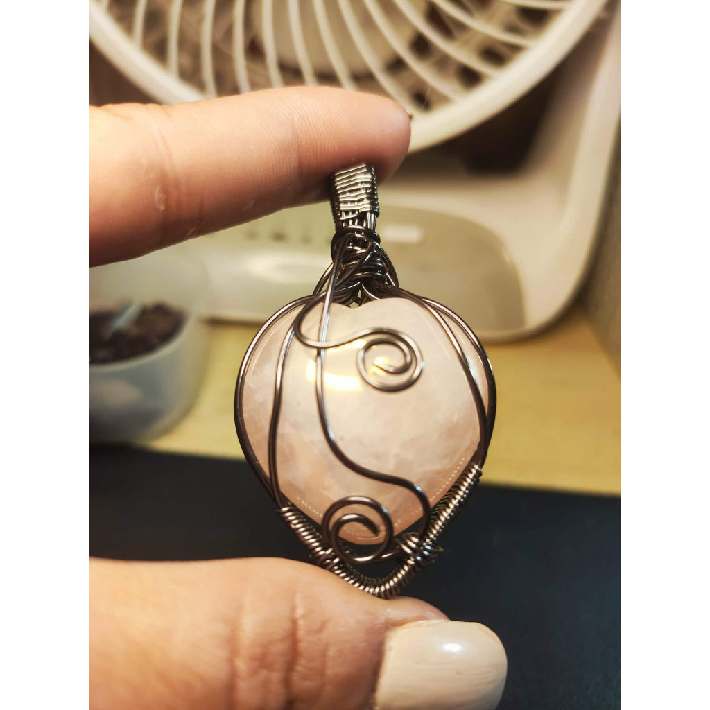 CHEFFY Wire Wrapped Rose Quartz Pendant Crystal Gemstone