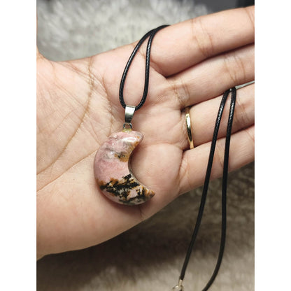 CHEFFY Natural Rhodonite Crescent Moon Pendant