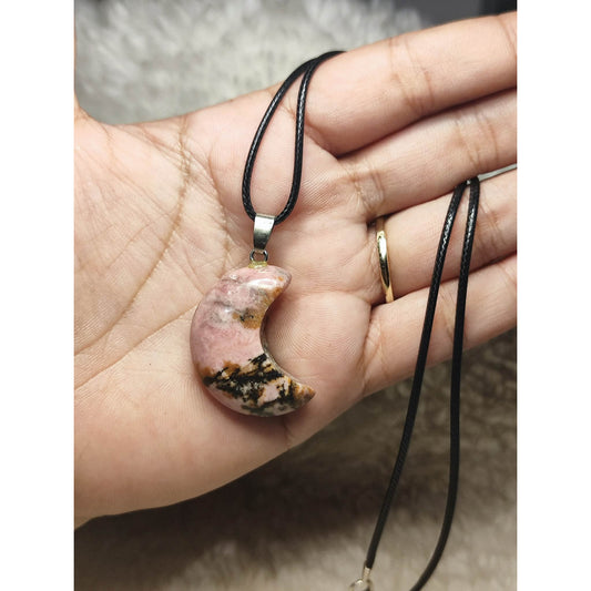 CHEFFY Natural Rhodonite Crescent Moon Pendant