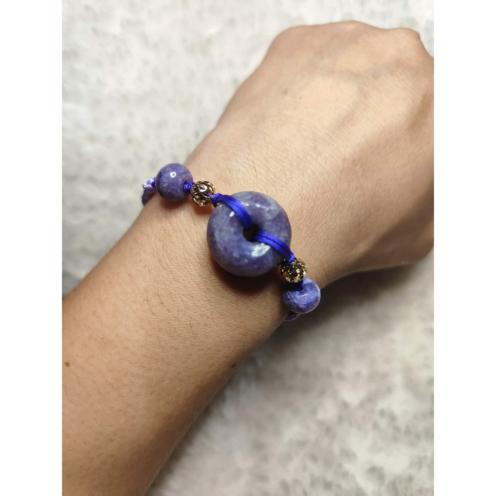 CHEFFY Natural Purple Lepidolite / Jadeite Donut Necklace with Adjustable Braided Cord