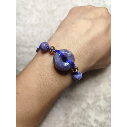 CHEFFY Natural Purple Lepidolite / Jadeite Donut Necklace with Adjustable Braided Cord