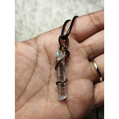 CHEFFY | Genuine Angel Aura Quartz Wire-Wrapped Pendant with Cord | Rainbow Crystal Necklace (4mm)