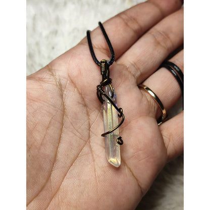 CHEFFY | Genuine Angel Aura Quartz Wire-Wrapped Pendant with Cord | Rainbow Crystal Necklace (4mm)