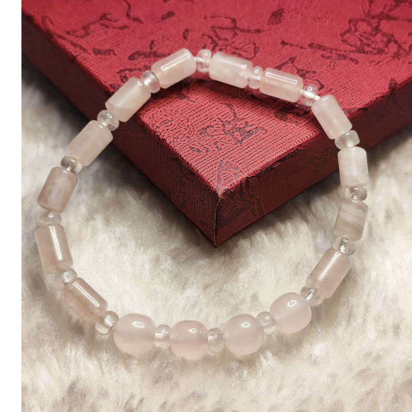 CHEFFY Rose Quartz Bracelet Gemstone Crystals ( Natural Barrel & Round Mixed )