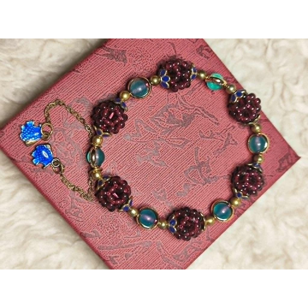 CHEFFY Luxury Hand-Woven Garnet Berry Ball & Blue-Green Crystal Bracelet with Vintage Enamel Charms