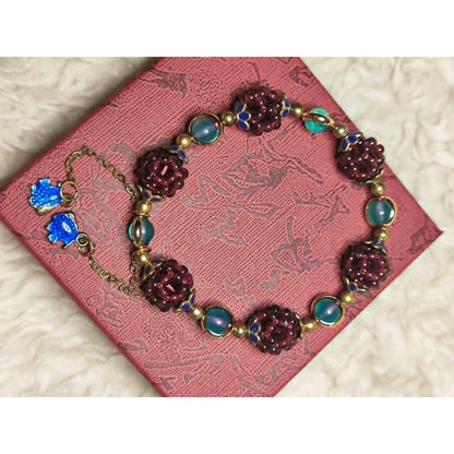 CHEFFY Luxury Hand-Woven Garnet Berry Ball & Blue-Green Crystal Bracelet with Vintage Enamel Charms