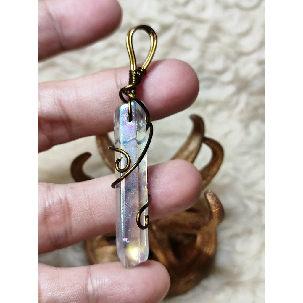 CHEFFY Natural Angel Aura Quartz Wire-Wrapped Pendant Necklace