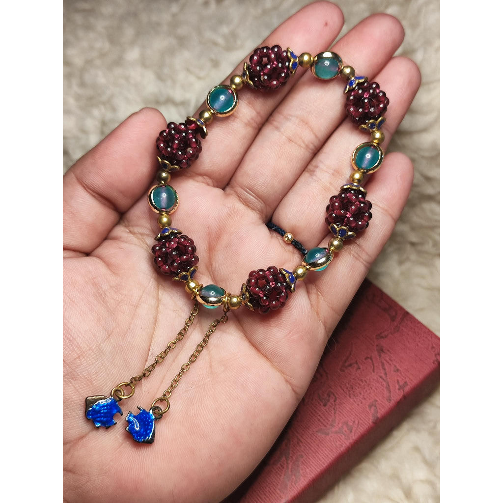 CHEFFY Luxury Hand-Woven Garnet Berry Ball & Blue-Green Crystal Bracelet with Vintage Enamel Charms