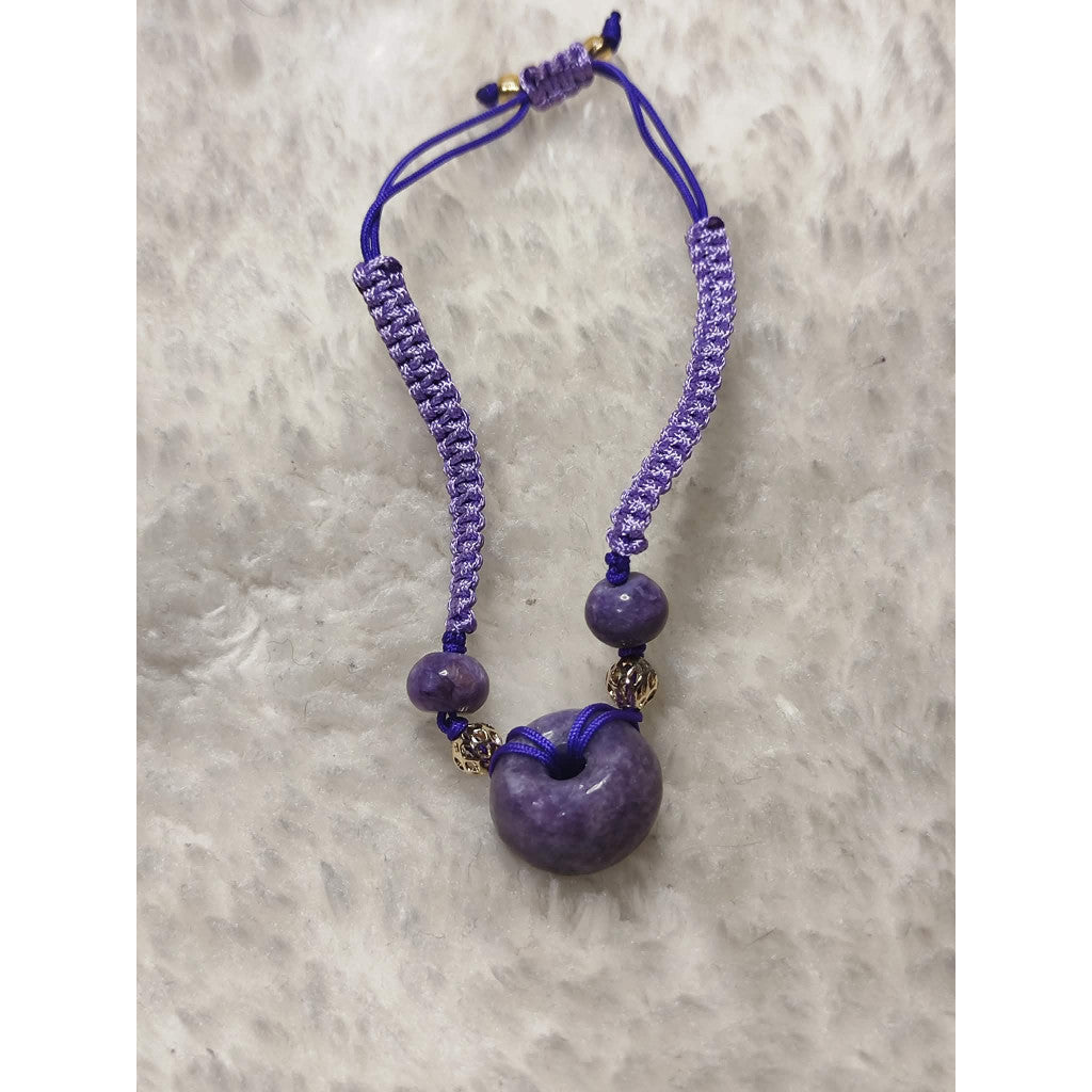 CHEFFY Natural Purple Lepidolite / Jadeite Donut Necklace with Adjustable Braided Cord