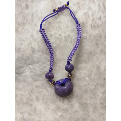 CHEFFY Natural Purple Lepidolite / Jadeite Donut Necklace with Adjustable Braided Cord