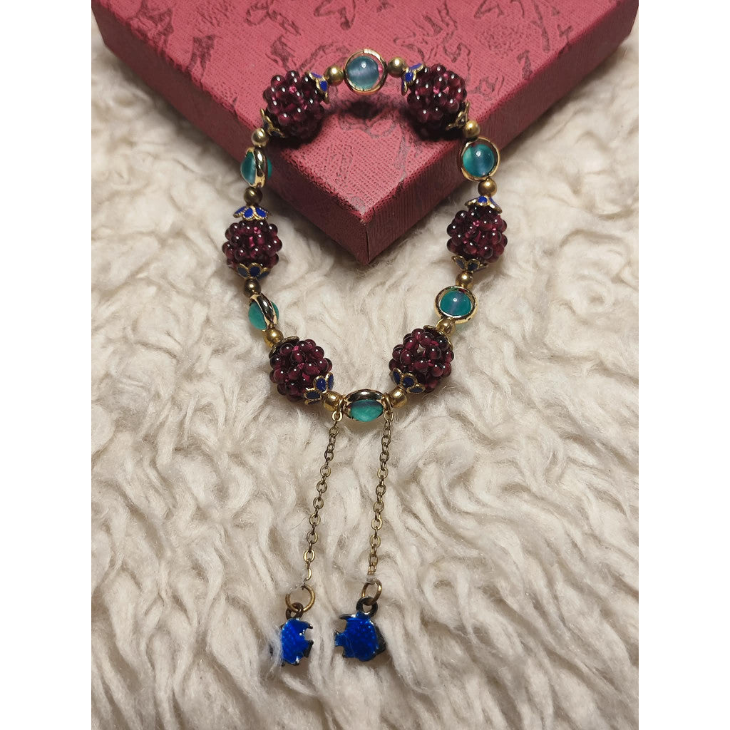 CHEFFY Luxury Hand-Woven Garnet Berry Ball & Blue-Green Crystal Bracelet with Vintage Enamel Charms