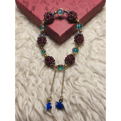CHEFFY Luxury Hand-Woven Garnet Berry Ball & Blue-Green Crystal Bracelet with Vintage Enamel Charms