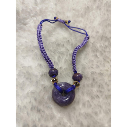 CHEFFY Natural Purple Lepidolite / Jadeite Donut Necklace with Adjustable Braided Cord