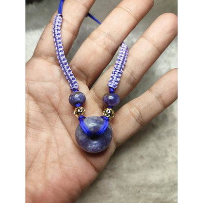 CHEFFY Natural Purple Lepidolite / Jadeite Donut Necklace with Adjustable Braided Cord