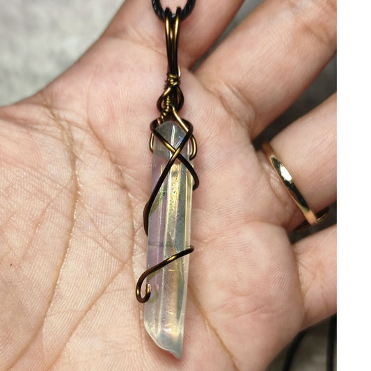 CHEFFY | Genuine Angel Aura Quartz Wire-Wrapped Pendant with Cord | Rainbow Crystal Necklace (4mm)