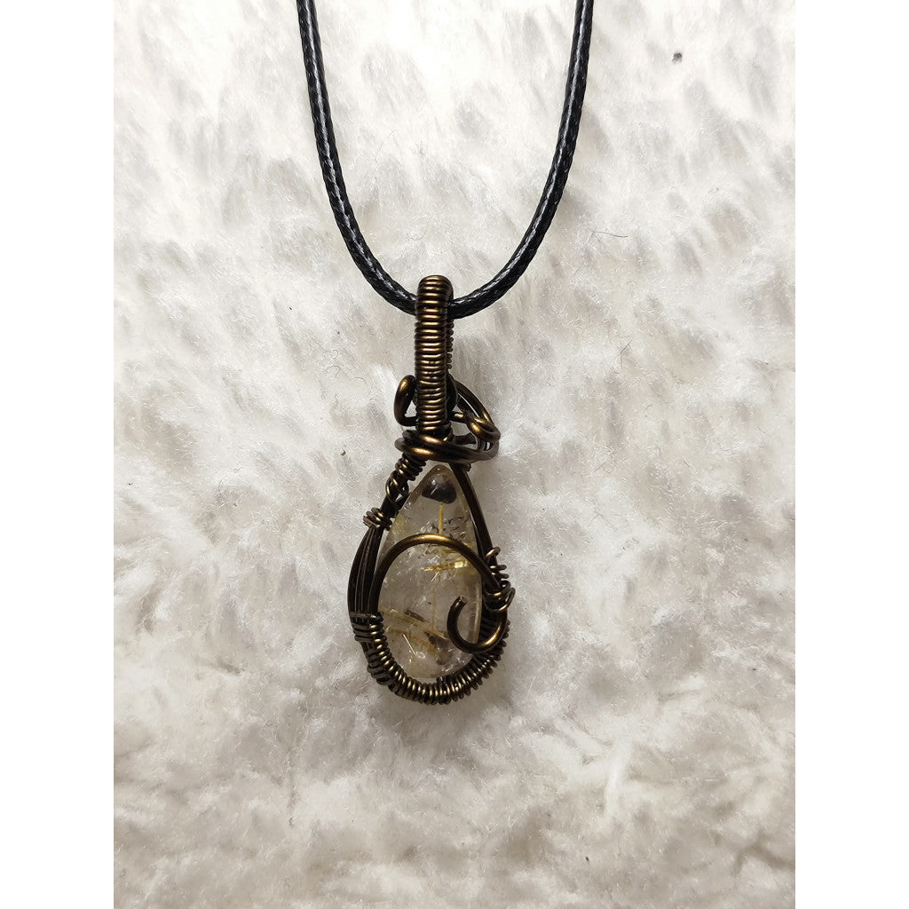CHEFFY Golden Rutilated Quartz Pendant -Bronze Wire Wrapped - Natural Crystal Necklace (39.4mm)