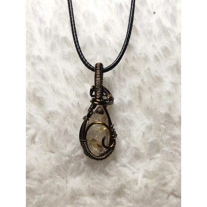 CHEFFY Golden Rutilated Quartz Pendant -Bronze Wire Wrapped - Natural Crystal Necklace (39.4mm)