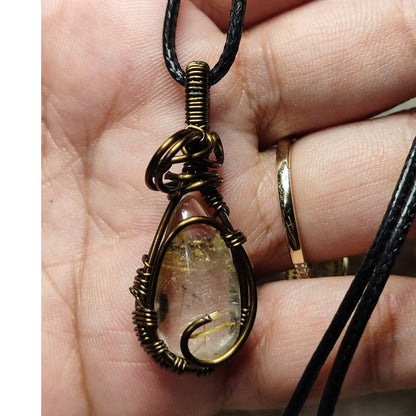 CHEFFY Golden Rutilated Quartz Pendant -Bronze Wire Wrapped - Natural Crystal Necklace (39.4mm)