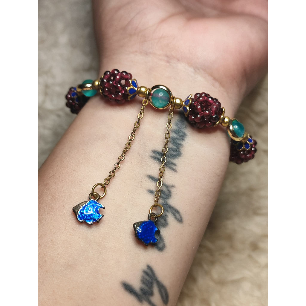 CHEFFY Luxury Hand-Woven Garnet Berry Ball & Blue-Green Crystal Bracelet with Vintage Enamel Charms