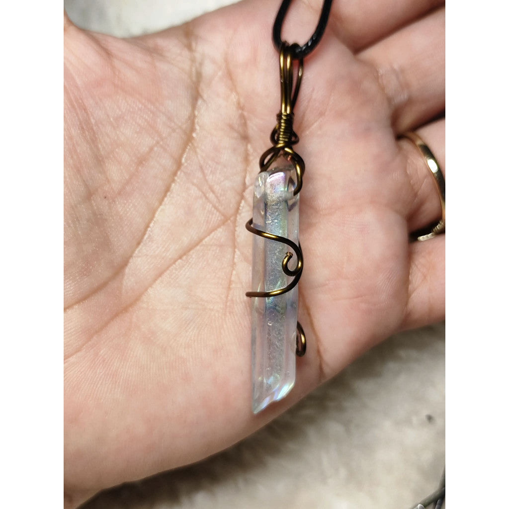 CHEFFY | Genuine Angel Aura Quartz Wire-Wrapped Pendant with Cord | Rainbow Crystal Necklace (4mm)