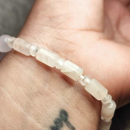 CHEFFY Rose Quartz Bracelet Gemstone Crystals ( Natural Barrel & Round Mixed )