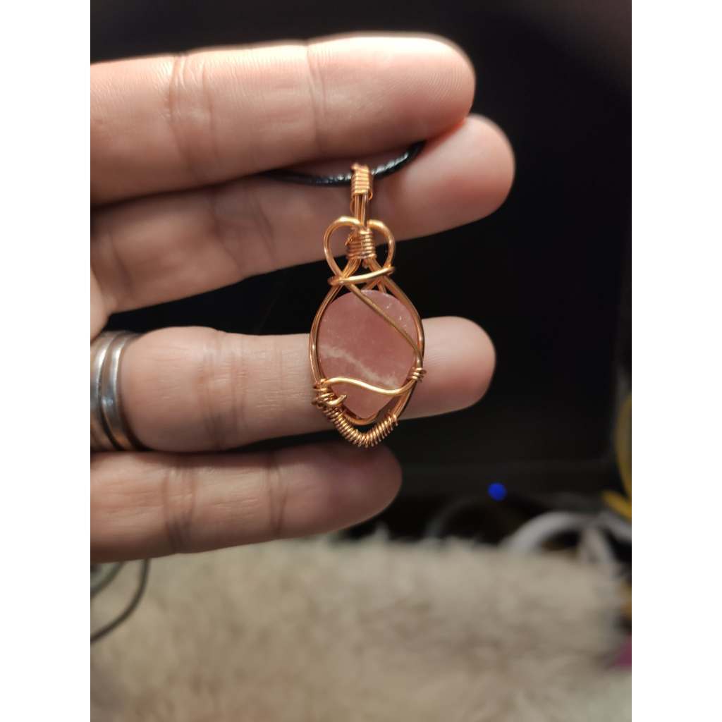 CHEFFY Wire Wrapped Rhodochrosite Pendant Gold Crystal Gemstone