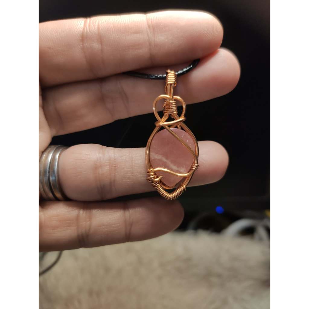 CHEFFY Wire Wrapped Rhodochrosite Pendant Gold Crystal Gemstone